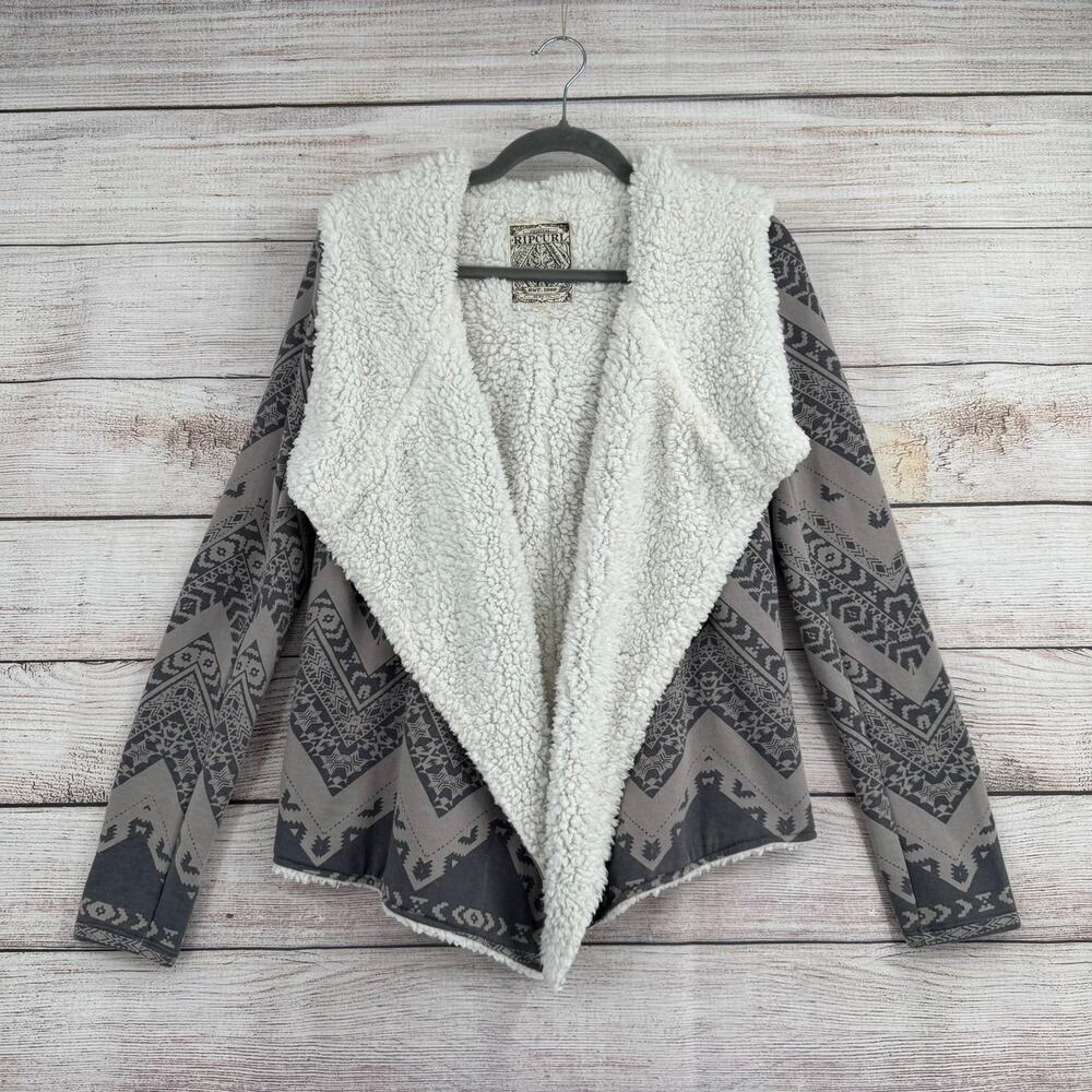 RipCurl Southwest Print Sherpa Lined Hooded Cardigan Womens S Gray Open Front